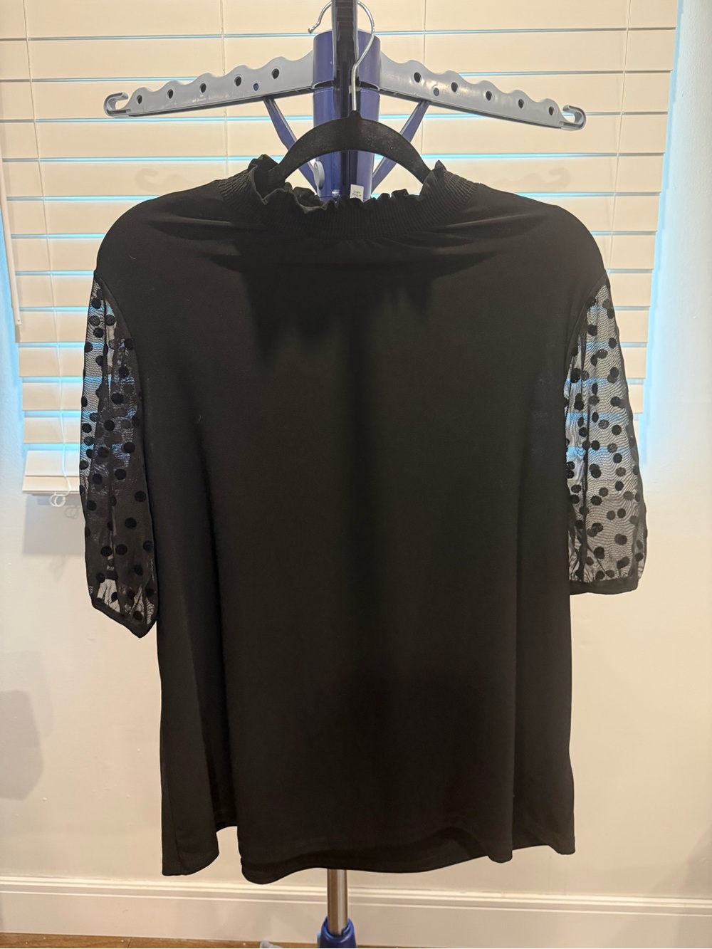 Anne Klein Black Top with Polka Dot Mesh Short Sleeves